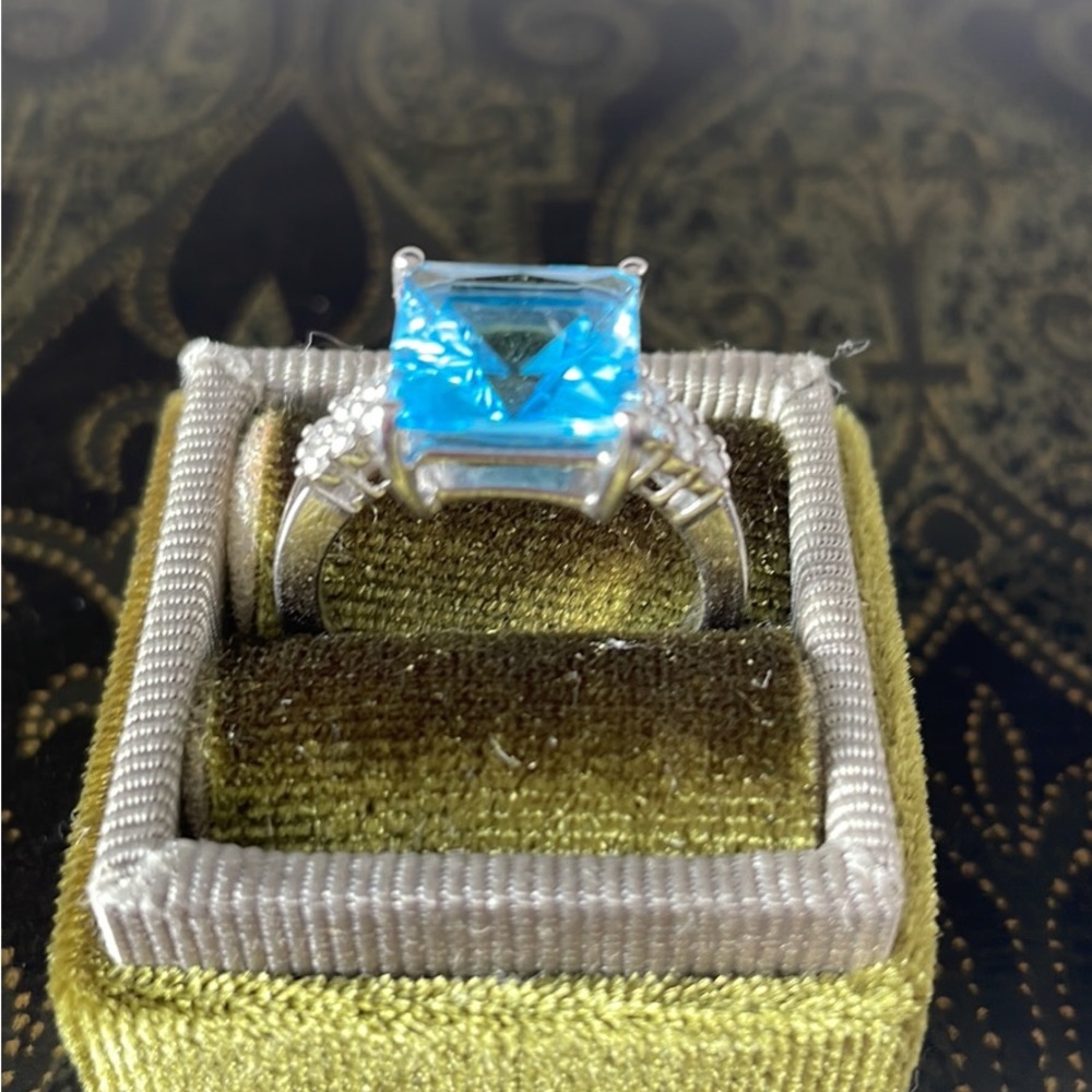 Blue aqua marine diamond sterling silver ring